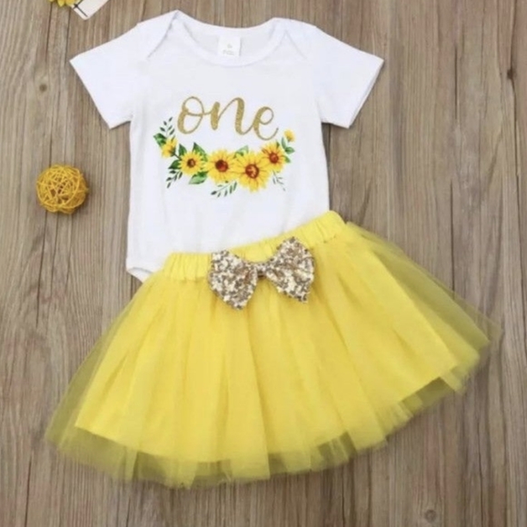 Sunflower Girl Dress Tutu Skirt Easter Spring Outfit Clothes First Birthday - Picture 1 of 5